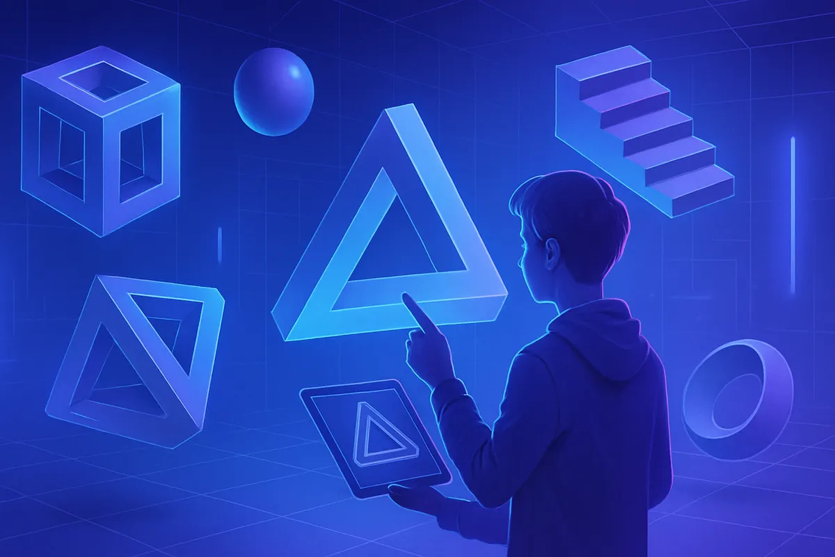 Représentation numérique d’un triangle impossible manipulé dans un logiciel de modélisation 2,5D.