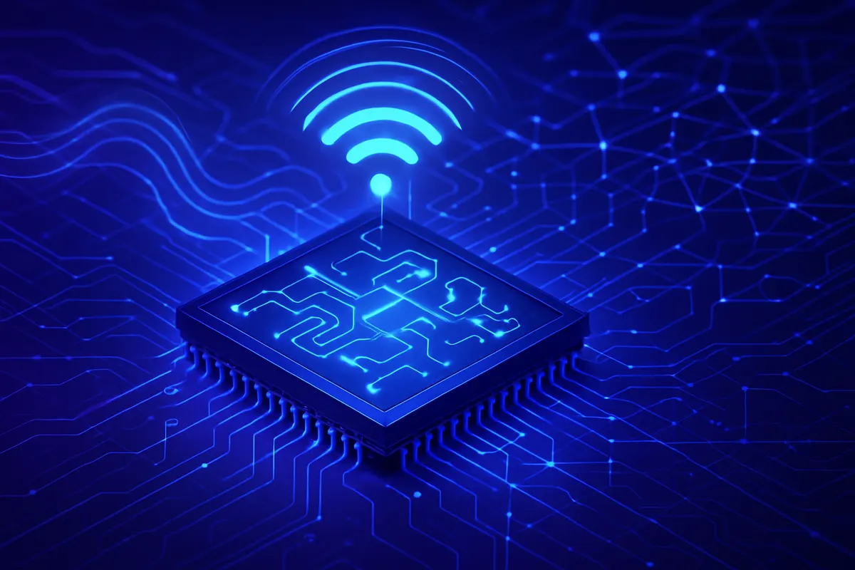 Puce photonique reliée à une antenne, illustrant l’analyse rapide des signaux sans fil pour la 6G.