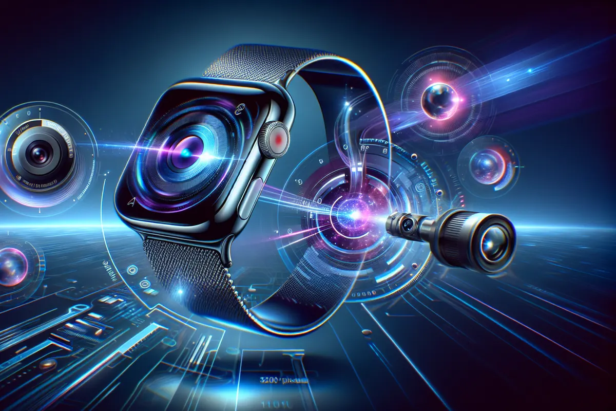 Une personne oriente une montre connectée vers un objet afin de l’analyser avec une caméra embarquée.
