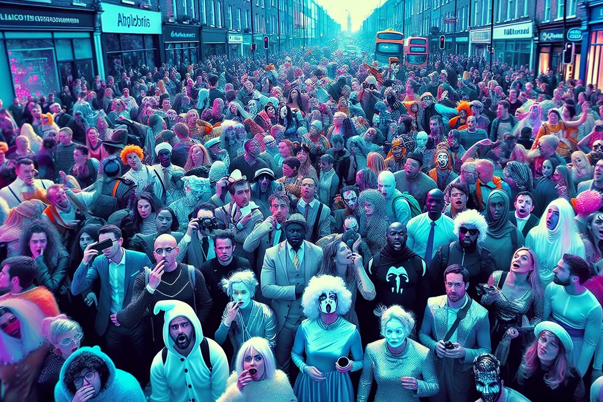 Des personnes costumées attendent une parade inexistante dans une grande avenue de Dublin.