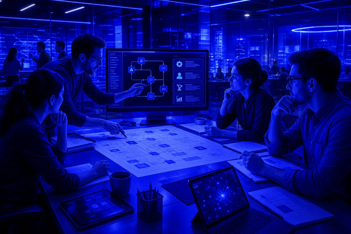 Des salariés analysent ensemble l’impact d’outils d’intelligence artificielle sur leurs tâches quotidiennes.