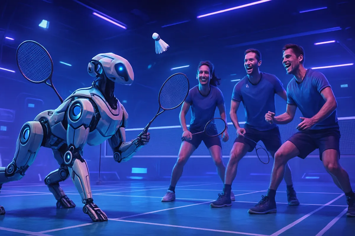 Robot quadrupède équipé d’un bras et d’une raquette, face à un joueur sur un terrain de badminton.