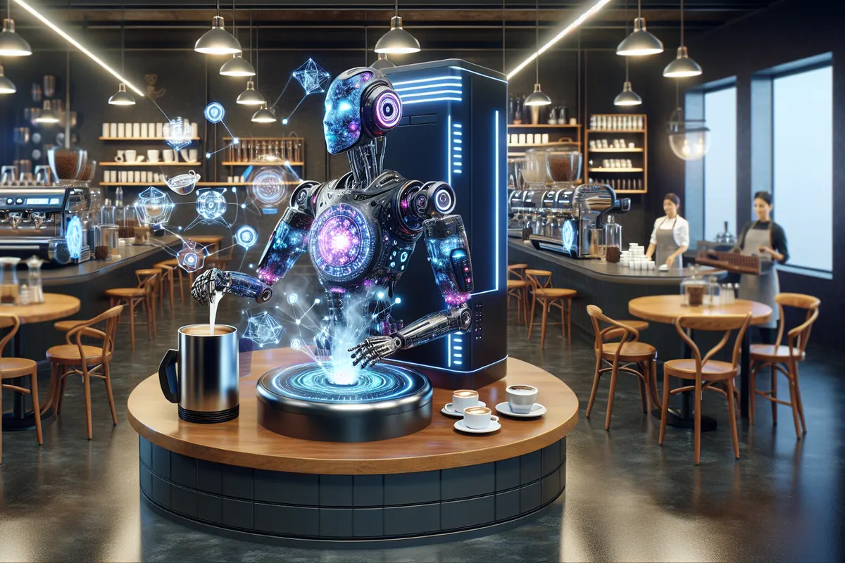 Bras robotisé préparant et déposant un café sur un comptoir dans un établissement automatisé