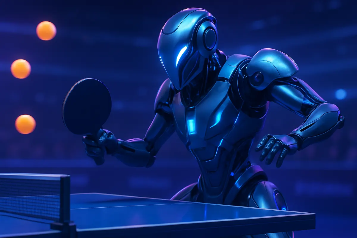 Bras robotisé fixé à une table de ping-pong, frappant une balle suivie par des caméras rapides.