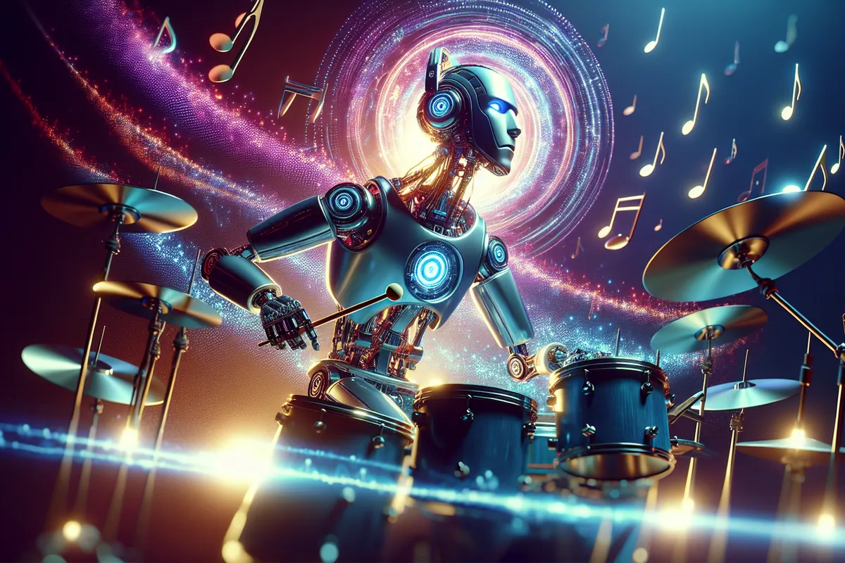 Un petit robot batteur à bras articulé frappe un tambour sur une table pendant une répétition musicale.