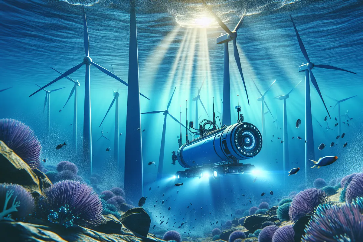 Un robot sous-marin autonome inspecte la fondation immergée d’une éolienne en mer.