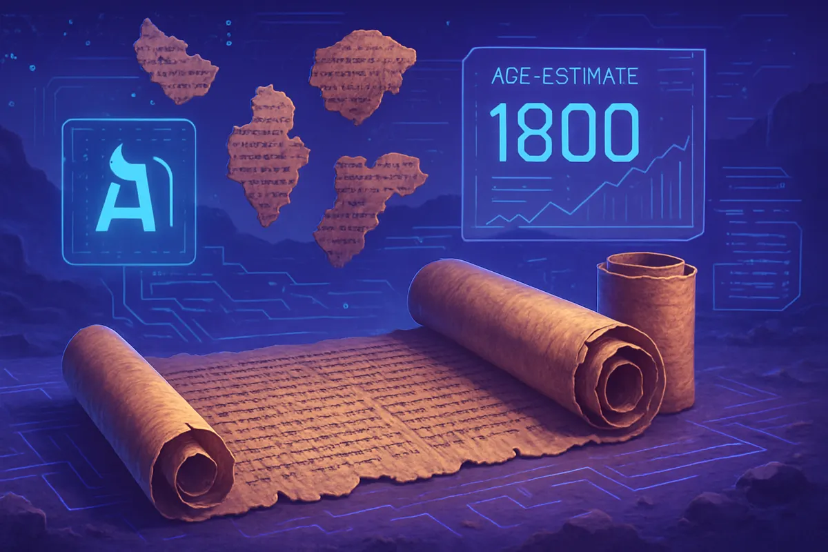 Fragments de rouleaux anciens examinés sur une table de conservation avec analyse numérique de l’écriture.