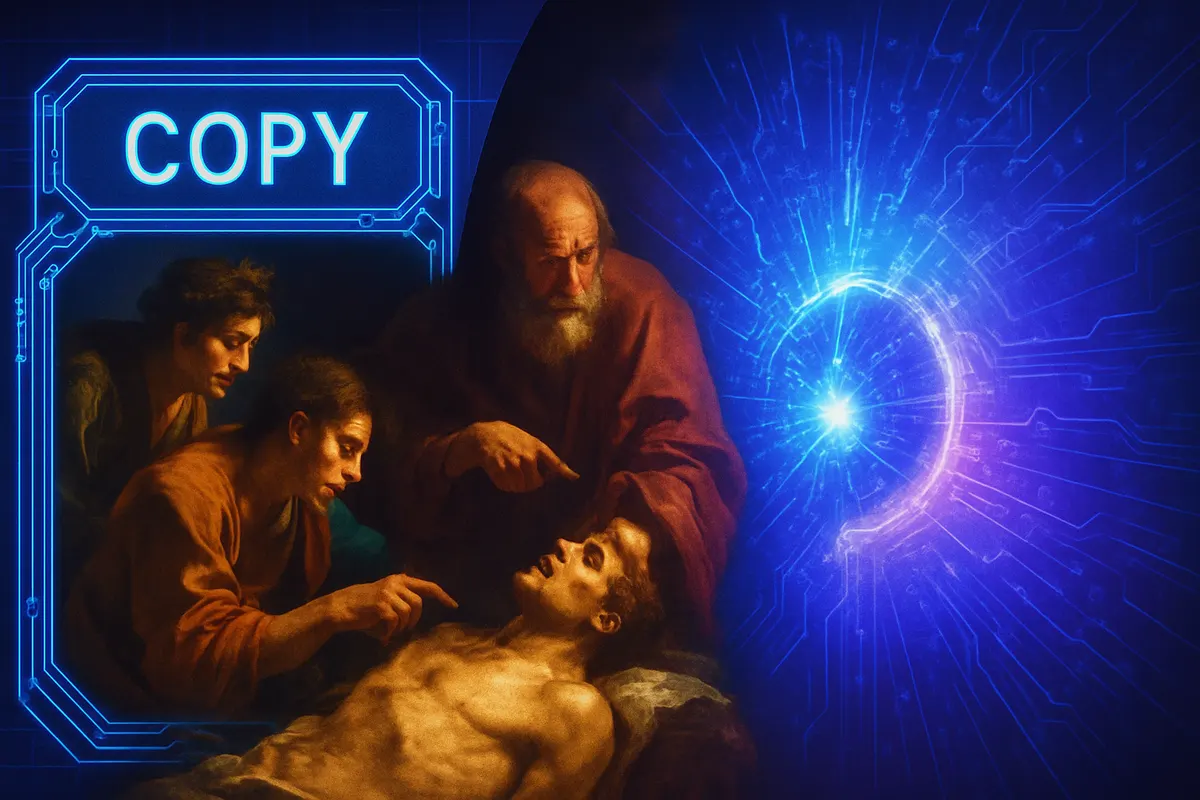 Une chercheuse examine un tableau ancien de joueur de luth avec une analyse numérique détaillée.