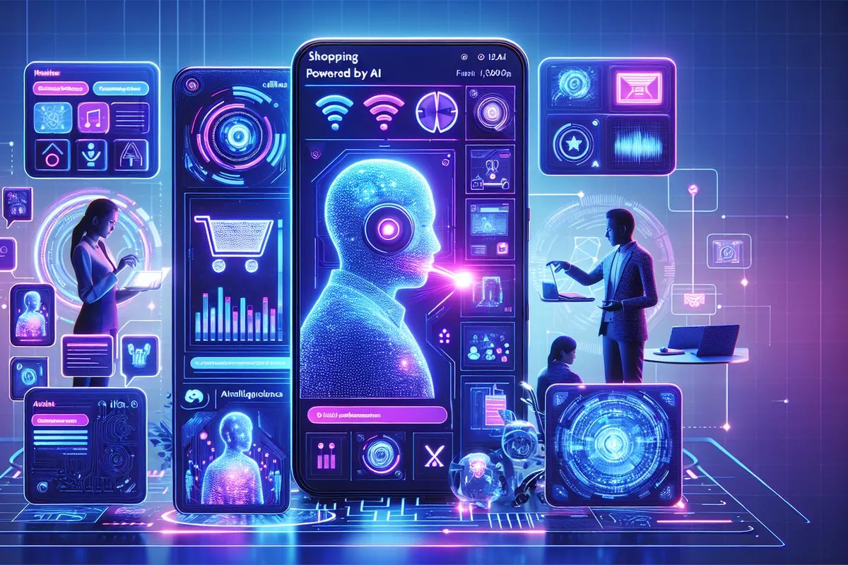 Une cliente utilise une application de shopping tandis que des opérateurs traitent des commandes sur des ordinateurs.