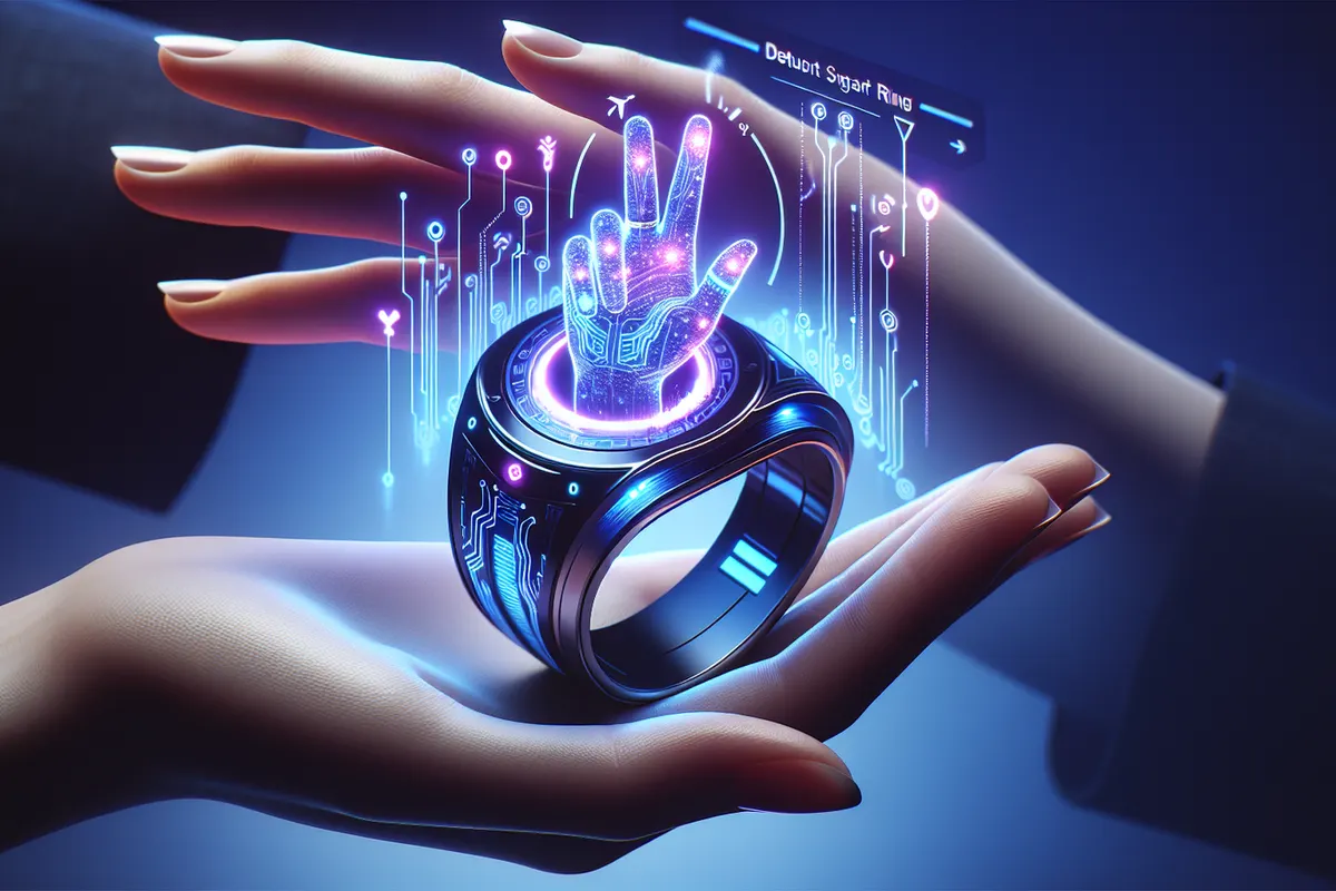 Une personne signe avec une bague connectée au doigt, face à un téléphone et à son interlocuteur.