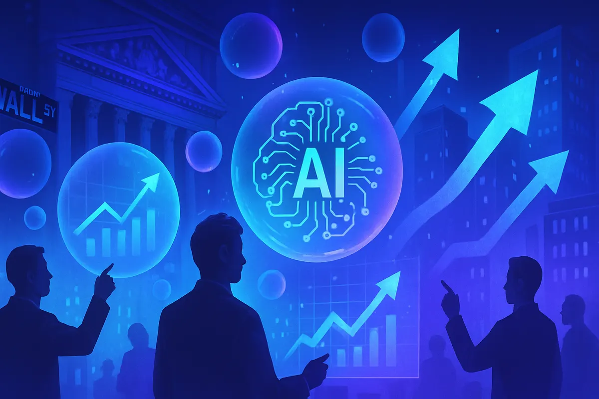 Un analyste observe des graphiques financiers devant un vaste centre de données dédié à l’intelligence artificielle.