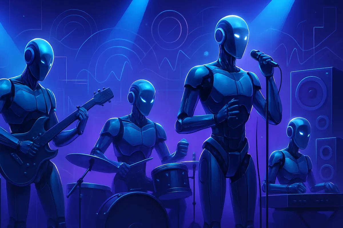 Un groupe anonyme en studio devant une console de mixage et des motifs sonores évoquant l’IA.