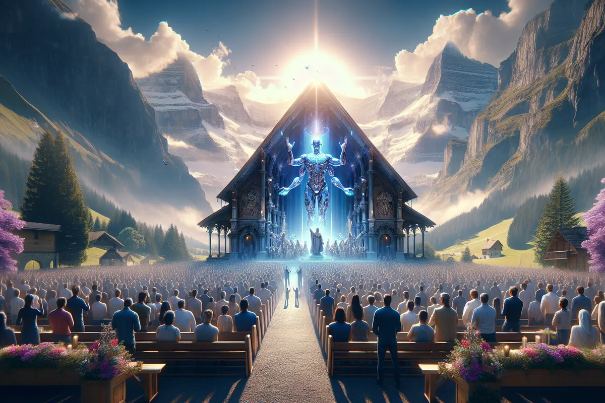 Dans un confessionnal de chapelle, un écran montre un avatar conversationnel inspiré de Jésus.