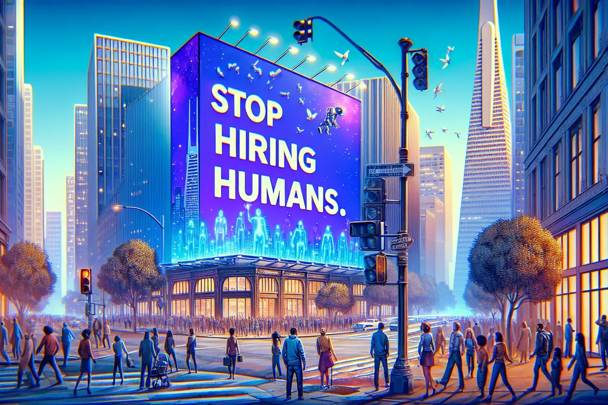 Des passants à San Francisco devant des panneaux évoquant l’automatisation du travail par l’IA.