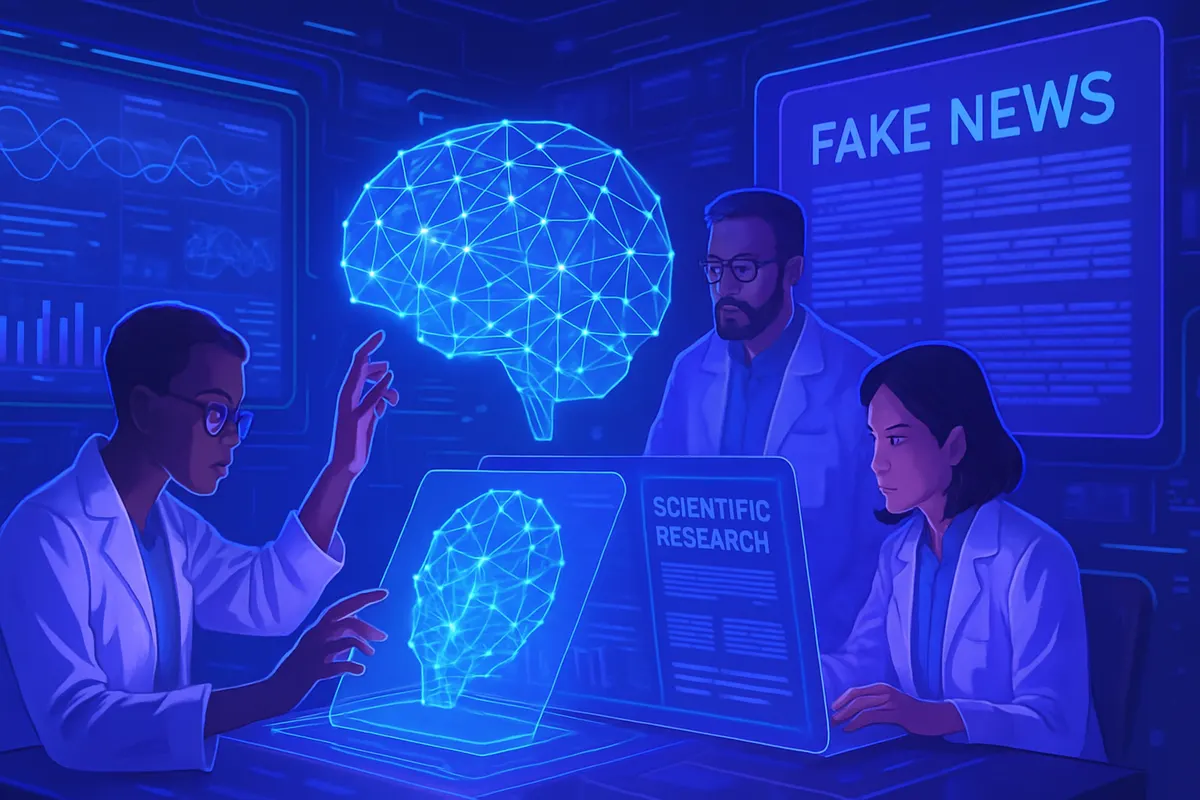 Une journaliste compare un reportage scientifique à une étude, aidée par une interface d’analyse par IA.