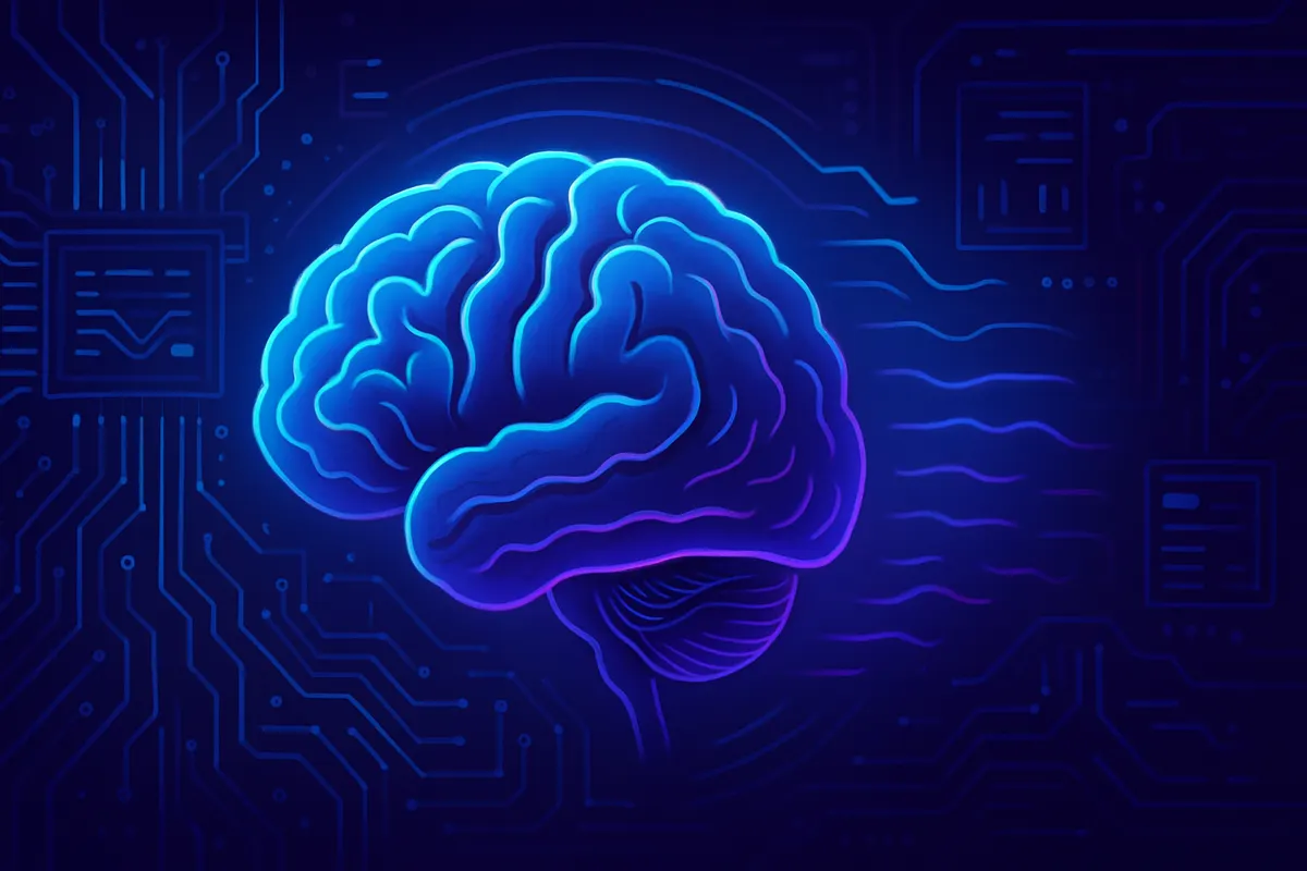Étudiant portant un casque EEG, entre un brouillon manuscrit et un assistant conversationnel sur ordinateur