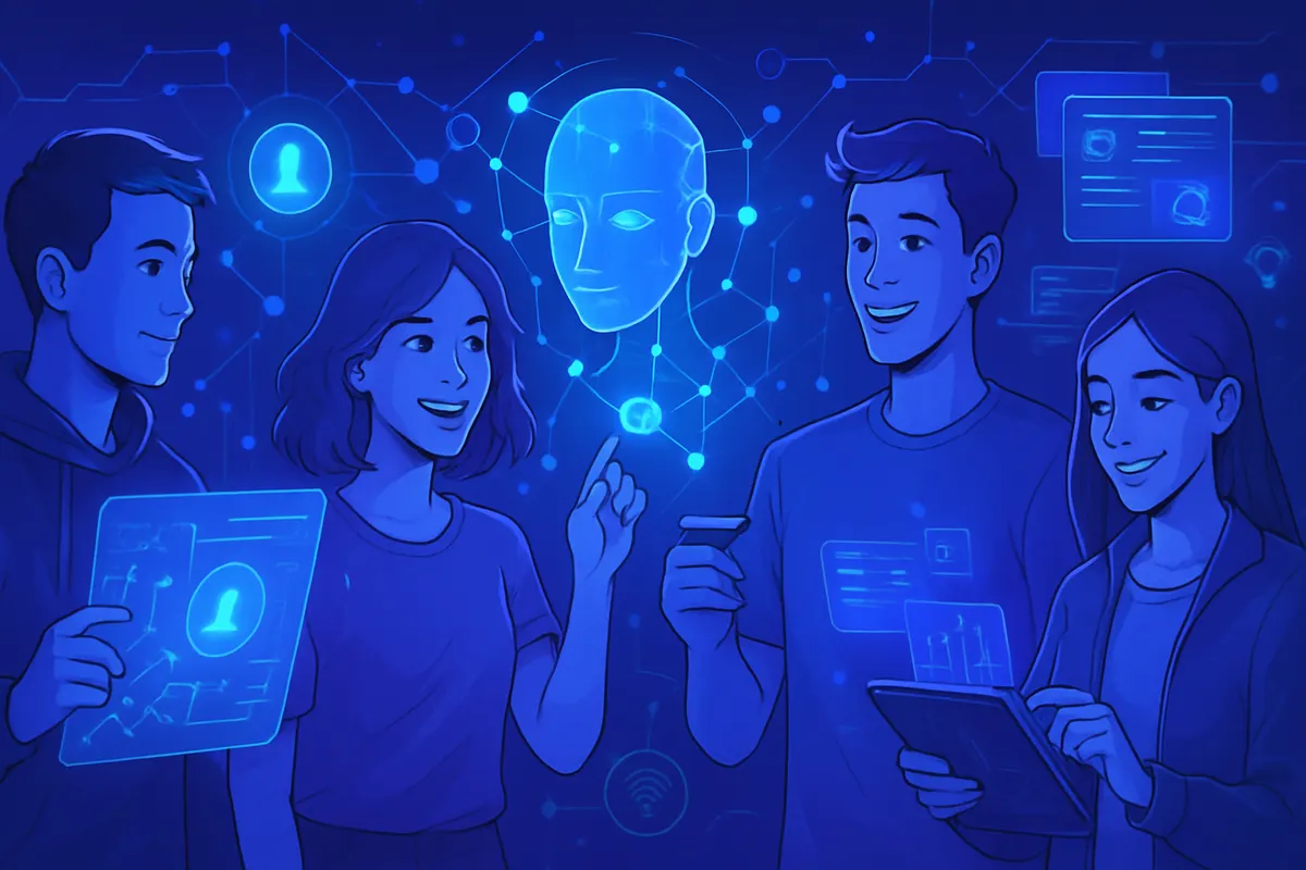 Des étudiants utilisent des assistants d’intelligence artificielle sur ordinateurs et smartphones dans une bibliothèque.