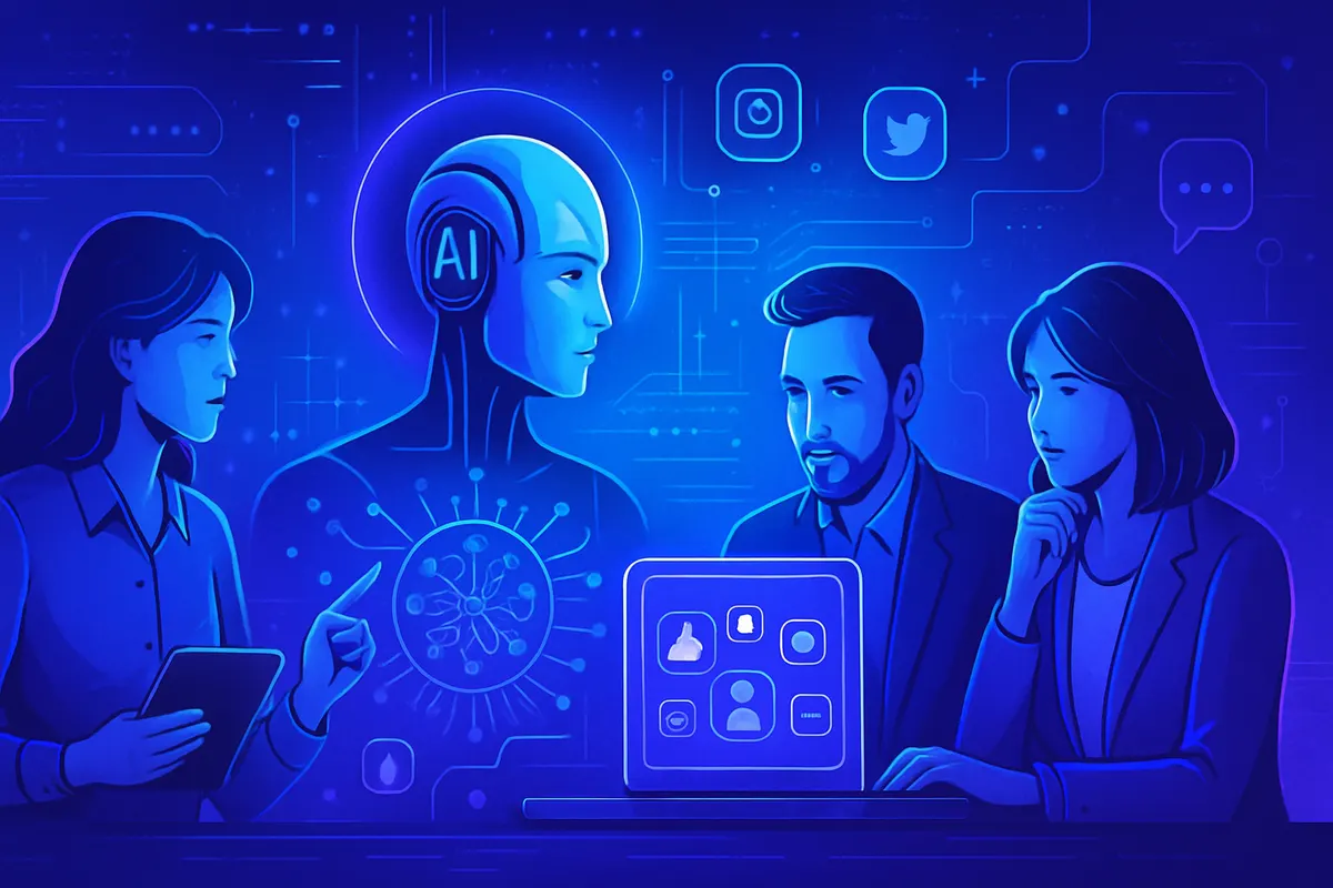 Une professionnelle des réseaux sociaux vérifie des contenus assistés par IA sur son ordinateur.