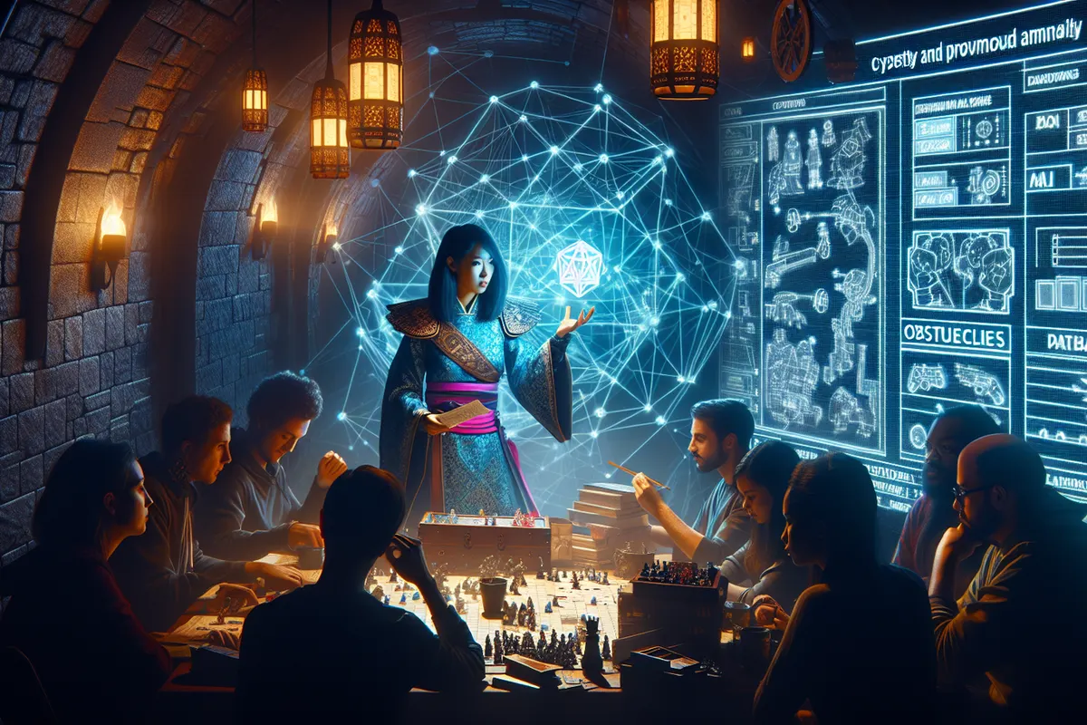 Des joueurs autour d’une table de jeu de rôle face à une interface d’IA générant des pistes narratives.