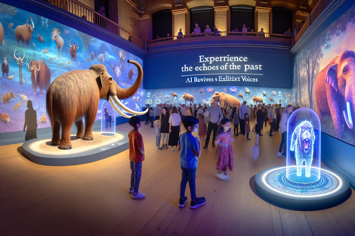 Visiteur dans une galerie immersive face à une reconstitution numérique d’un animal disparu et à des fossiles.