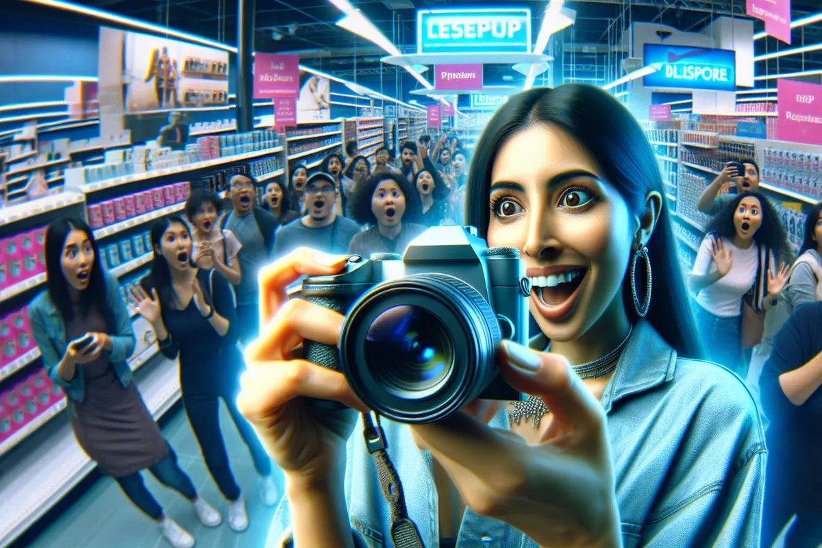 Une cliente filme avec son smartphone près de caisses de supermarché, sous une caméra de surveillance.