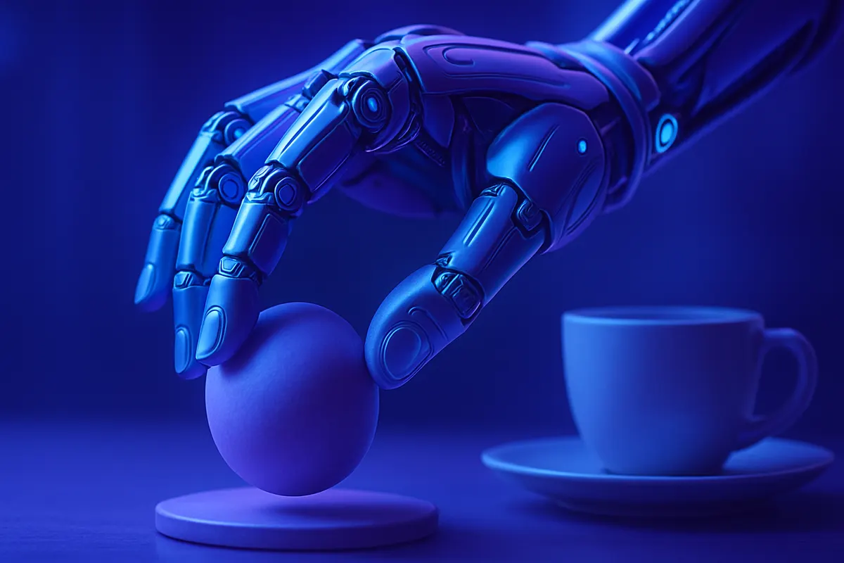 Gros plan d’une main robotique manipulant un objet grâce à des capteurs tactiles sur ses doigts et sa paume