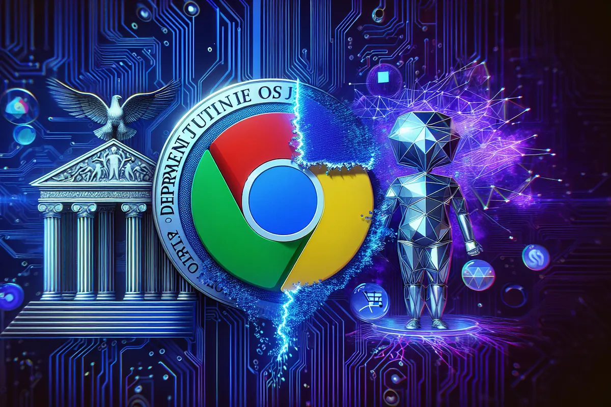 Un ordinateur avec un navigateur ouvert devant un palais de justice, symbole de l’affaire Google Chrome.