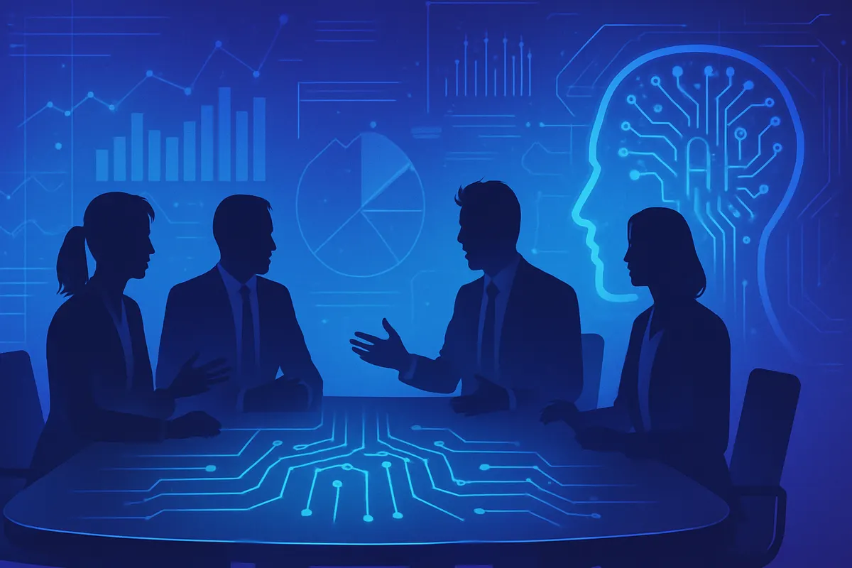 Des dirigeants et spécialistes examinent des documents sur la réglementation européenne de l’intelligence artificielle.