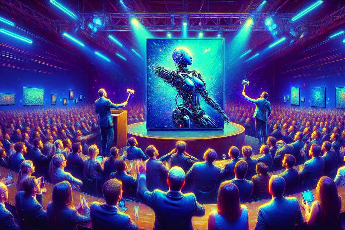 Un robot humanoïde peint un portrait fragmenté sur une grande toile dans une salle d’exposition.
