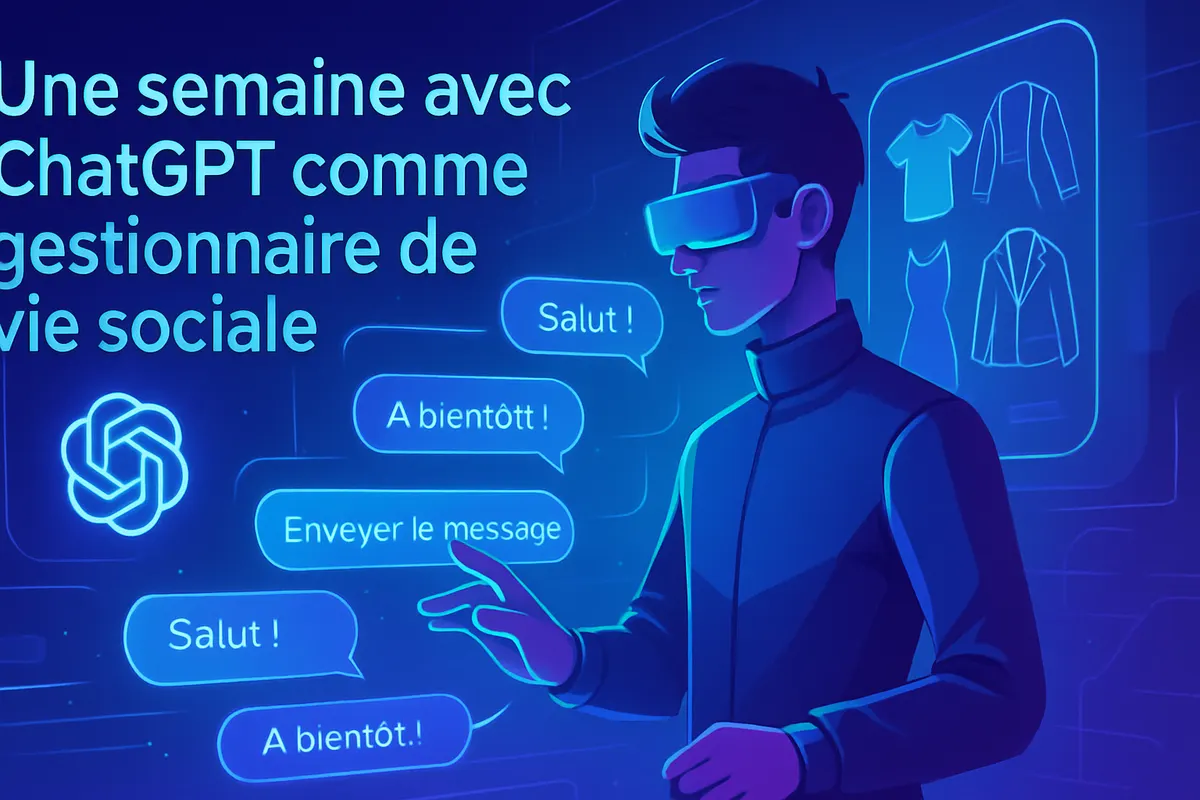 Une personne prépare une sortie avec un assistant sur ordinateur, entre messages, réservation et choix de tenue.