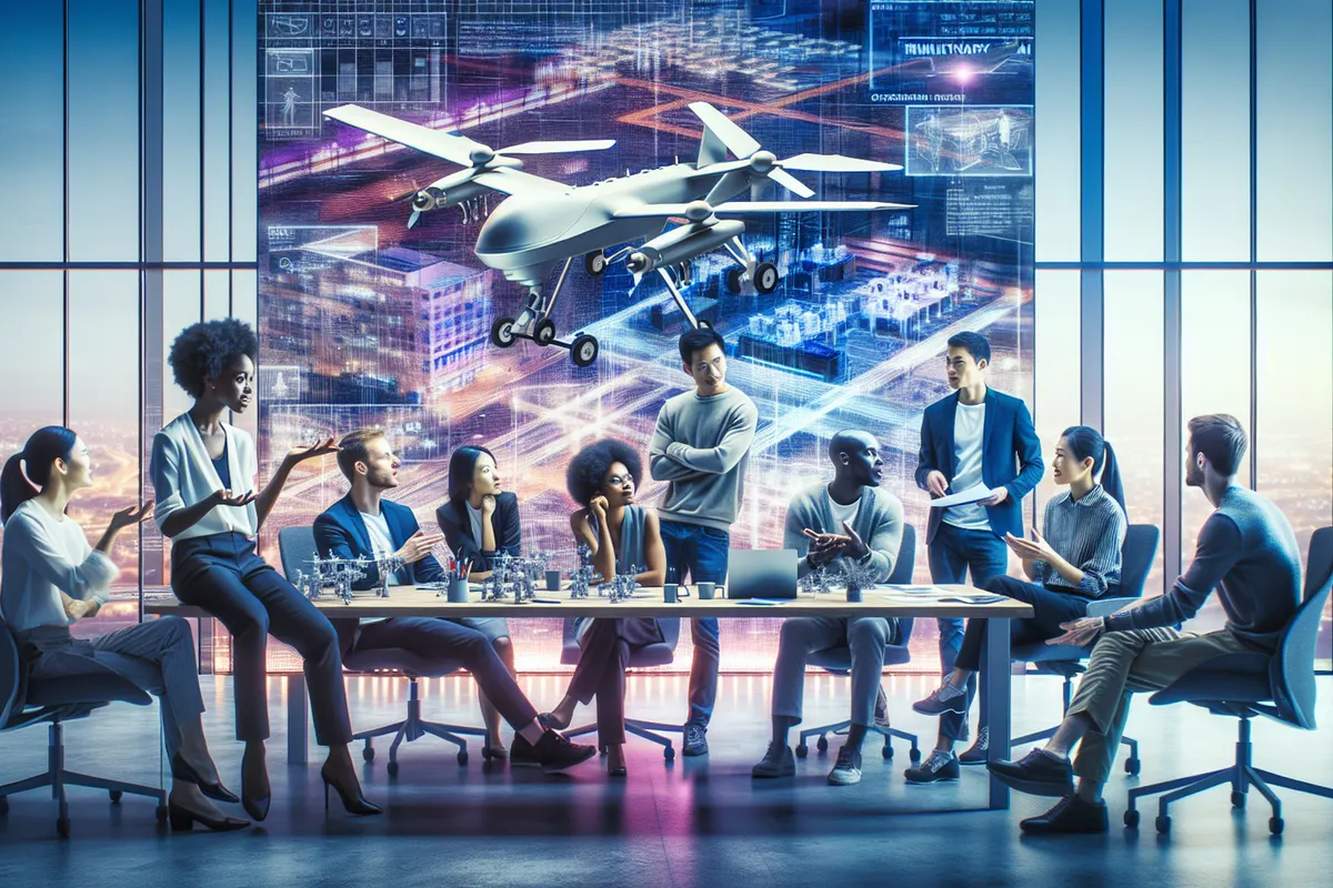 Opérateurs surveillant les données d’un drone militaire autonome dans un centre de contrôle sécurisé