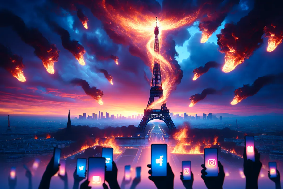 Un passant compare sur son téléphone une fausse vidéo d’incendie avec la tour Eiffel intacte.