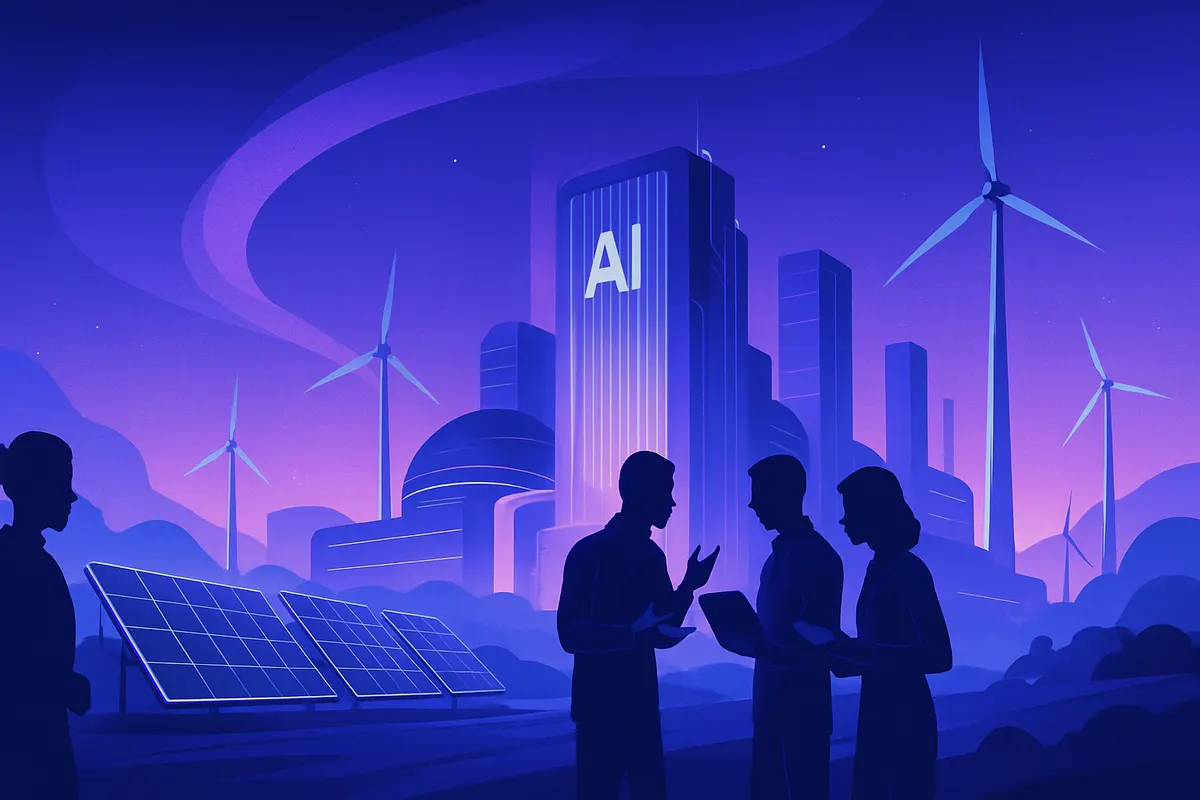 Une immense infrastructure de calcul d’IA avec serveurs, refroidissement et raccordement à une énergie renouvelable.