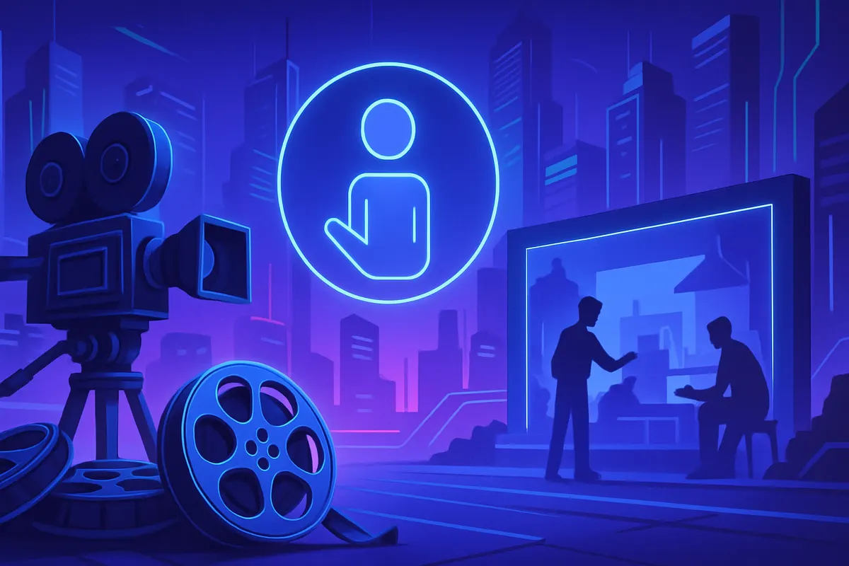 Une salle de cinéma et des bobines face à une infrastructure informatique évoquant l’entraînement d’IA.