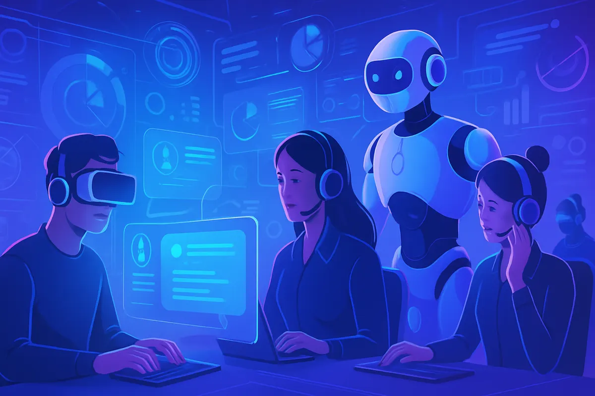 Téléconseillère vérifiant un résumé d’appel généré par une intelligence artificielle dans un centre de contact.