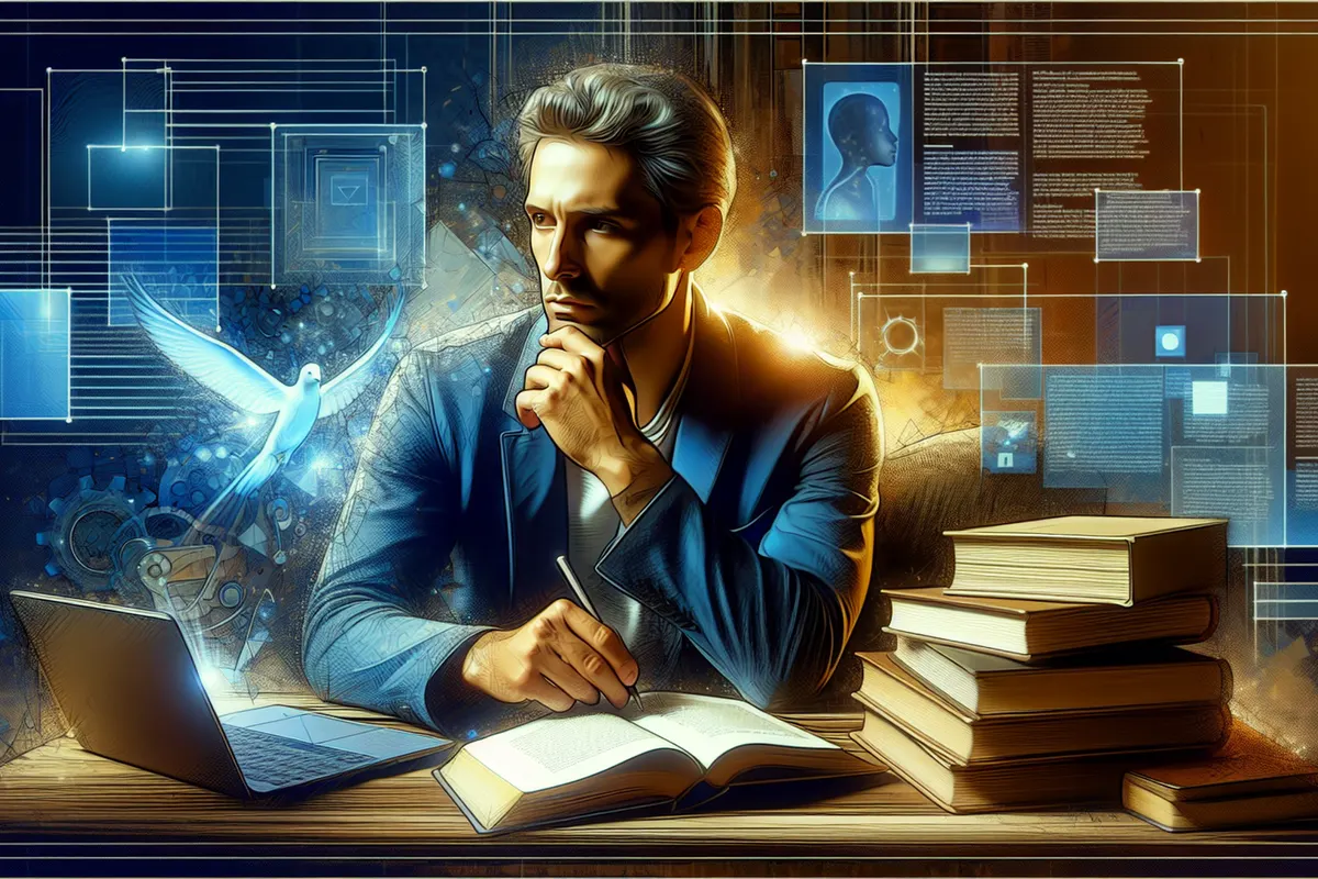 Un écrivain relit son manuscrit et sélectionne des idées proposées par une intelligence artificielle sur écran.