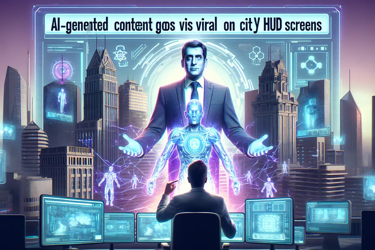 Des écrans d’un bâtiment public diffusent une vidéo politique synthétique sous le regard d’employés.