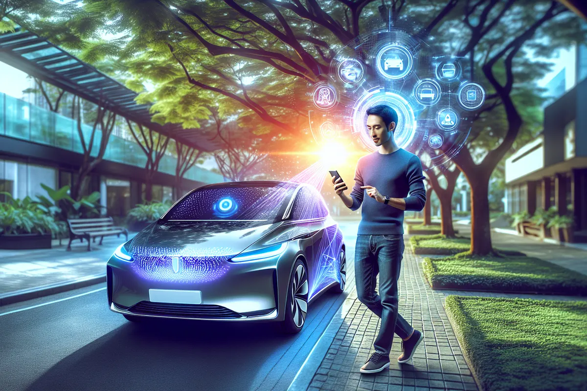 Un conducteur consulte un assistant conversationnel sur son smartphone dans l’habitacle d’un SUV moderne.