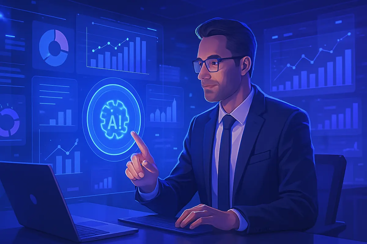 Une dirigeante présente un outil d’intelligence artificielle à des salariés réunis autour d’une table de travail.