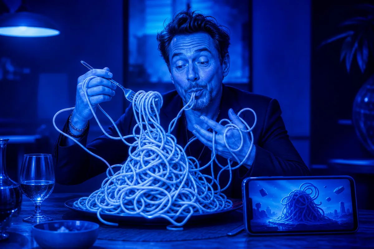 Un homme joue avec des spaghettis à table pour évoquer les défauts comiques de la vidéo générée par IA.