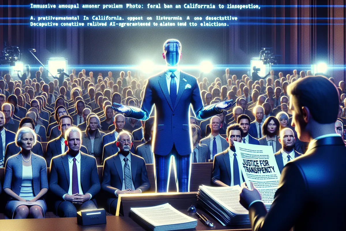 Un tribunal et un smartphone illustrant le débat juridique sur les deepfakes électoraux générés par IA.