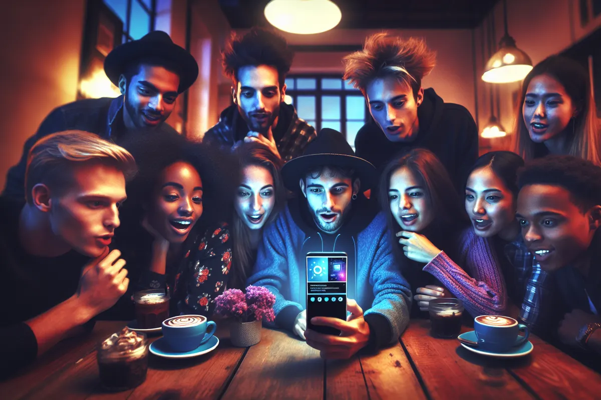 Un utilisateur consulte un assistant conversationnel sur son smartphone dans un espace public moderne.