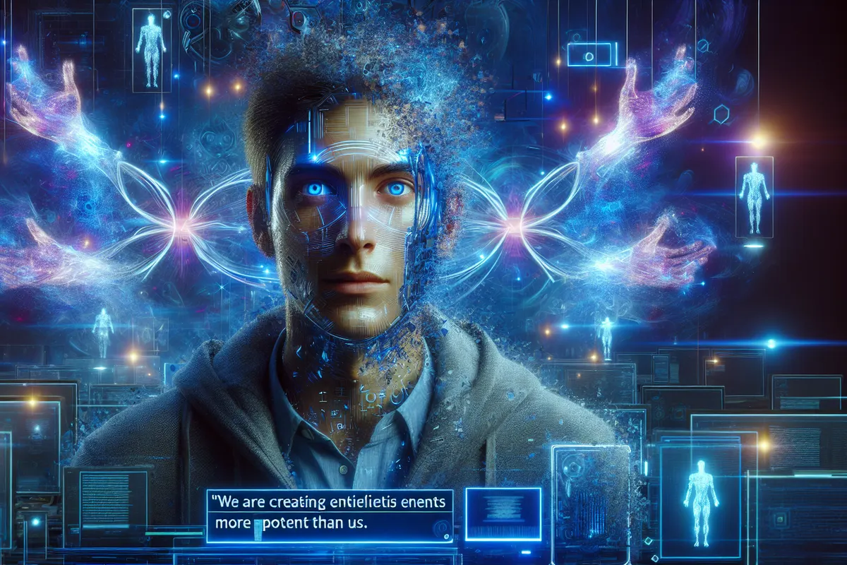 Un chercheur observe des serveurs et un modèle de réseau neuronal dans un laboratoire d’intelligence artificielle.