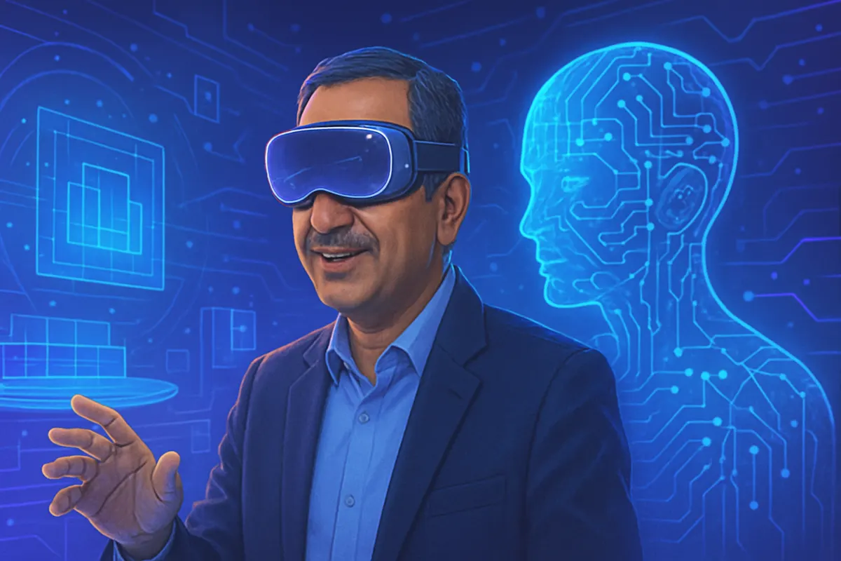 Une personne utilise des lunettes de réalité mixte avec des objets éducatifs virtuels interactifs.